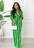 Lapel Long Sleeve Striped Print Shirt Blouse Wide Leg Straight Pants Sets SHD-0254