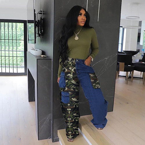 Denim Patchwork Camouflage Pockets Women Pants MTY-6799