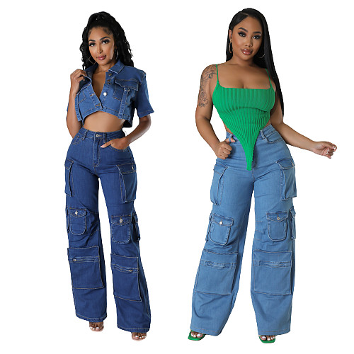 Girls Midlle Waist Pockets Wide-leg Denim Pants LX-6016