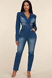Women Suit Collar Zipper Back Buttons Denim Jumpsuit LX-6970