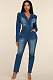 Women Suit Collar Zipper Back Buttons Denim Jumpsuit LX-6970