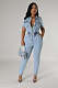 Women Lapel Collar Short Sleeve Elastic Strap Slim Pencil Jumpsuit LX-3560