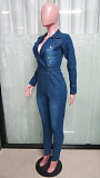 Women Suit Collar Zipper Back Buttons Denim Jumpsuit LX-6970