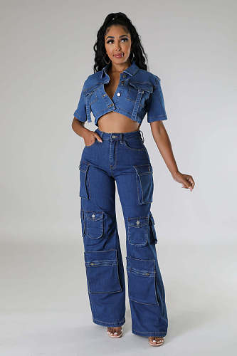 Girls Midlle Waist Pockets Wide-leg Denim Pants LX-6016