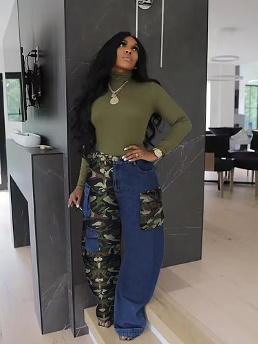 Denim Patchwork Camouflage Pockets Women Pants MTY-6799