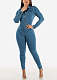 Women Lapel Collar Long Sleeve Button Slim Pencil Jumpsuit LX-3563