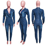 Women Suit Collar Zipper Back Buttons Denim Jumpsuit LX-6970