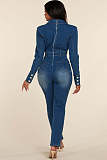 Women Suit Collar Zipper Back Buttons Denim Jumpsuit LX-6970