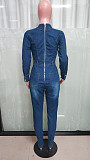 Women Suit Collar Zipper Back Buttons Denim Jumpsuit LX-6970