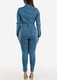 Women Lapel Collar Long Sleeve Button Slim Pencil Jumpsuit LX-3563