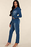 Women Suit Collar Zipper Back Buttons Denim Jumpsuit LX-6970