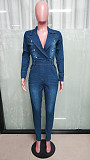 Women Suit Collar Zipper Back Buttons Denim Jumpsuit LX-6970