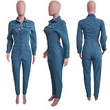 Women Lapel Collar Long Sleeve Button Slim Pencil Jumpsuit LX-3563