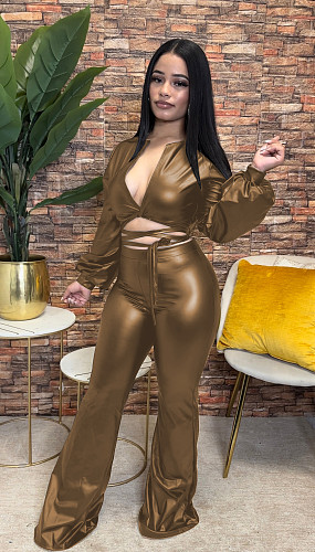 PU Faux Leather Crop Top Flare Pants Matching Sets ZAND-31266