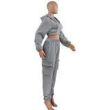 Zip Up Crop Top Jacket And Cargo Pants 2 Piece Set JZH-8123