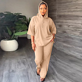 Half Sleeve Hooded Drawstring Top + Long Pants Sportsuit Matching Set RS-92026