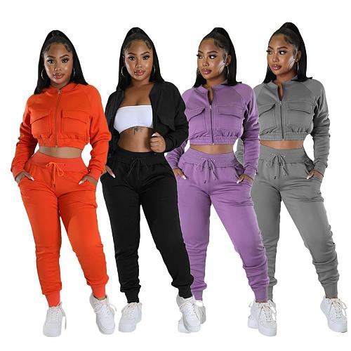 Zip Crop Tops Jackets and Drawstring Pants Sweatsuit RS-31719