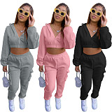 Zip Up Crop Top Jacket And Cargo Pants 2 Piece Set JZH-8123
