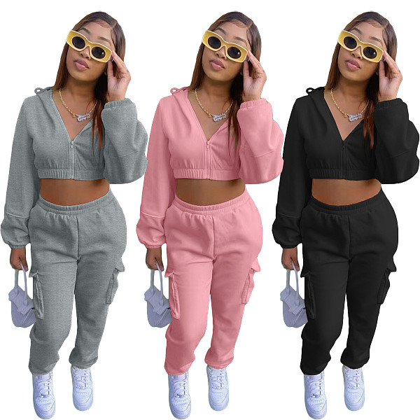 Zip Up Crop Top Jacket And Cargo Pants 2 Piece Set JZH-8123