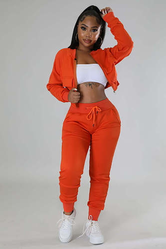 Zip Crop Tops Jackets and Drawstring Pants Sweatsuit RS-31719