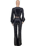 PU Faux Leather Crop Top Flare Pants Matching Sets ZAND-31266