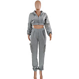 Zip Up Crop Top Jacket And Cargo Pants 2 Piece Set JZH-8123