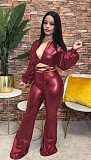 PU Faux Leather Crop Top Flare Pants Matching Sets ZAND-31266