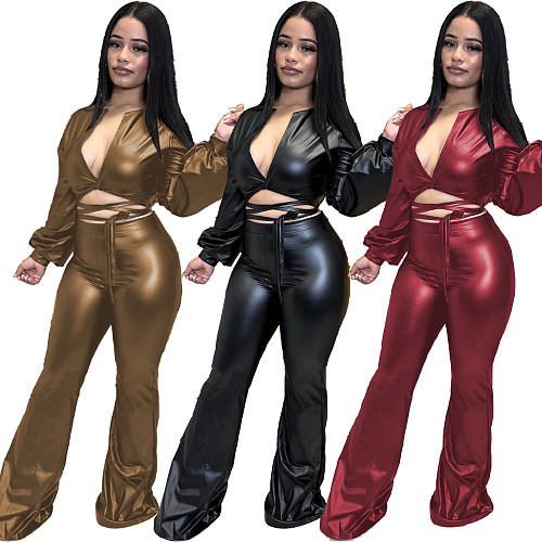 PU Faux Leather Crop Top Flare Pants Matching Sets ZAND-31266
