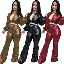 PU Faux Leather Crop Top Flare Pants Matching Sets ZAND-31266 PU Faux Leather Crop Top Flare Pants Matching Sets ZAND-31266