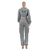 Zip Up Crop Top Jacket And Cargo Pants 2 Piece Set JZH-8123