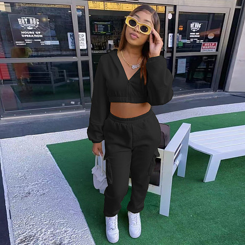 Zip Up Crop Top Jacket And Cargo Pants 2 Piece Set JZH-8123
