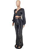 PU Faux Leather Crop Top Flare Pants Matching Sets ZAND-31266