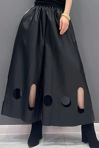 Black Leather Hollow-out Women Loose Straight Pants ZAND-31317