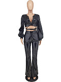PU Faux Leather Crop Top Flare Pants Matching Sets ZAND-31266