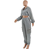 Zip Up Crop Top Jacket And Cargo Pants 2 Piece Set JZH-8123