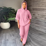 Half Sleeve Hooded Drawstring Top + Long Pants Sportsuit Matching Set RS-92026