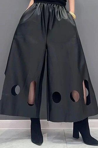 Black Leather Hollow-out Women Loose Straight Pants ZAND-31317