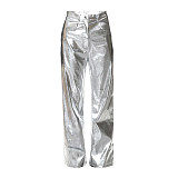Woman Straight Pants Candy Color Zipper Button Casual PU Trousers RS-22PT500