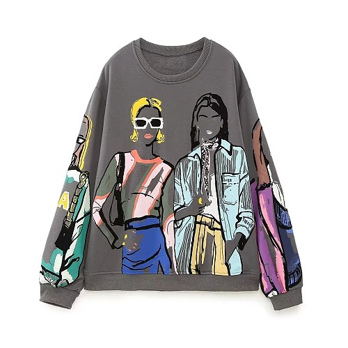 Fashion Girl Printed Loose Fleece Sweatshirts Vintage O Neck RS-1131865