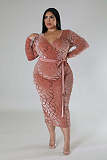 Large Size Women's V-neck Burn Flower Flocking Bodycon Long Dresses OSM-5504