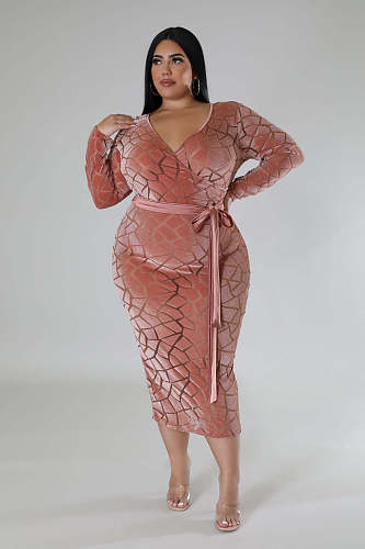 Large Size Women's V-neck Burn Flower Flocking Bodycon Long Dresses OSM-5504