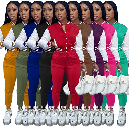 Crop Top Long Sleeve Baseball Jacket Pure Trouser Set FSL-176