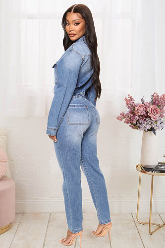 2023 Long Sleeve High Street Blue Denim Jumpsuit LX-3539