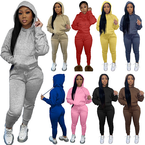 Solid Hooded Sweatshirt Drawstring Pants Set FSL-175