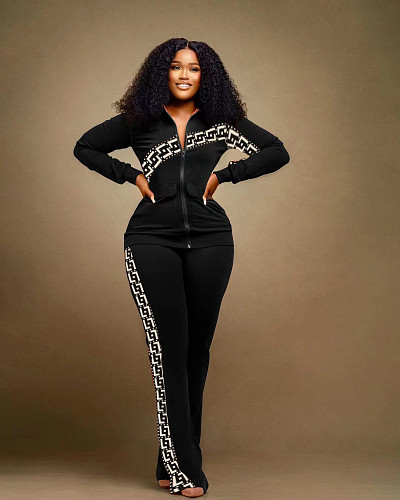 Casual Women Printed Zipper Jacket And Sporty Pants 2 Pieces Set WA-77631