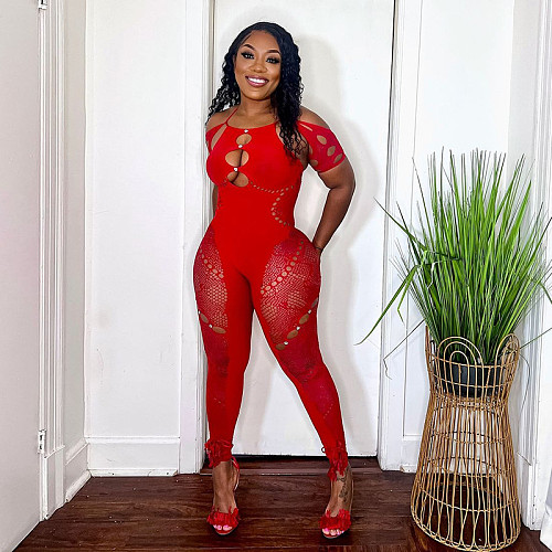Women Short Sleeve Bodycon Jumpsuit Skinny Pink Mesh See Though RS-0026