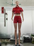 Women's Leather Button Short Sleeve Crop Top Bodycon Shorts Sets RS-6861