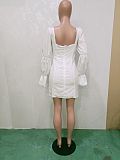 Women Summer Solid Color Square Collar Long Puff Sleeve Backless Party Club Slim Mini Dress BN-9292