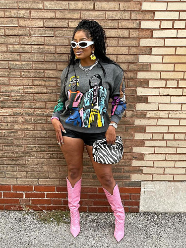 Fashion Girl Printed Loose Fleece Sweatshirts Vintage O Neck RS-1131865