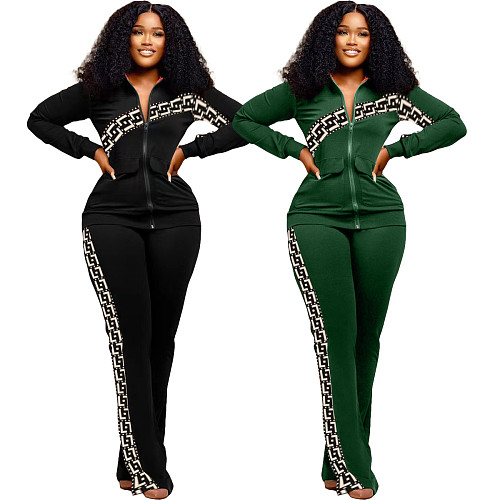 Casual Women Printed Zipper Jacket And Sporty Pants 2 Pieces Set WA-77631